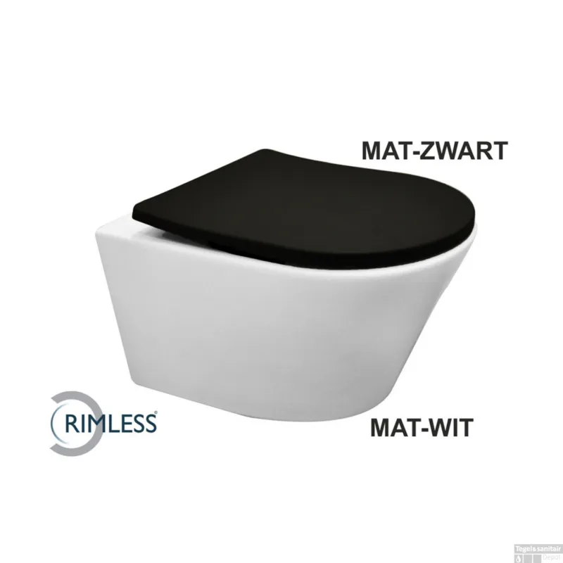 Korting Wandcloset BWS Vicente Rimless Diepspoel Mat Wit met Flatline Zitting Mat Zwart