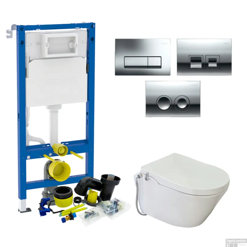 Koop Vandaag Geberit UP100 Toiletset set46 Wiesbaden Luxe Douchewc Stroomloos Met Metro Pot Delta drukplaat