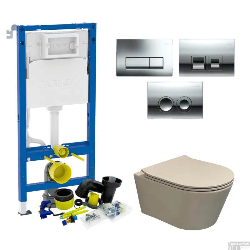 Tijdelijk Beschikbaar Geberit up100 Toiletset BWS Calitri Urb.y Rimfree Compact Mat Beige Delta Drukplaat