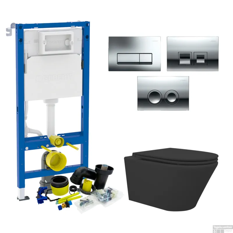 Geberit up100 Toiletset Vesta Tornado Flush Rimless Met Zitting Mat Zwart Delta Drukplaat Express Levering