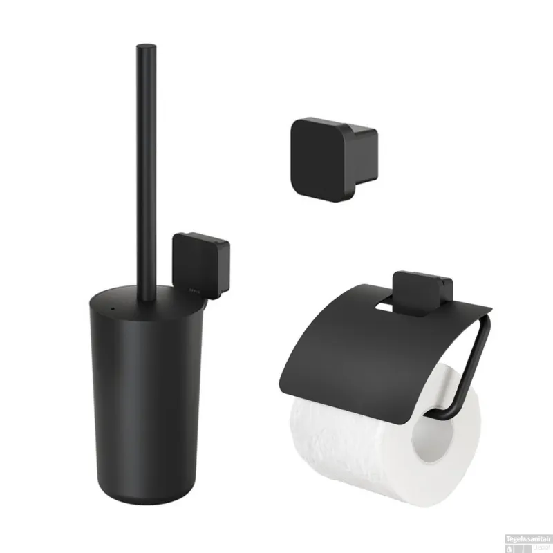 Superprijs Accessoires Set Geesa Topaz Toiletborstelhouder Handdoekhaak Klein en Toiletrolhouder Mat Zwart