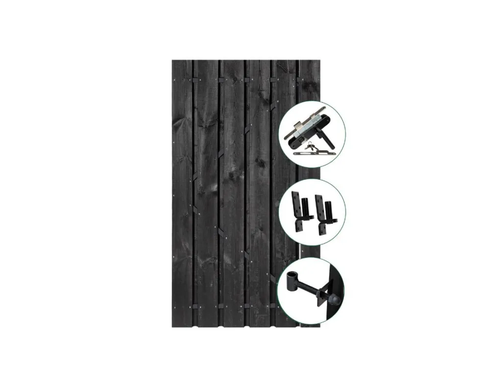 Schuttingdeur Zwart Grenen 195cm in ijzeren deurframe - 120 cm Nieuw