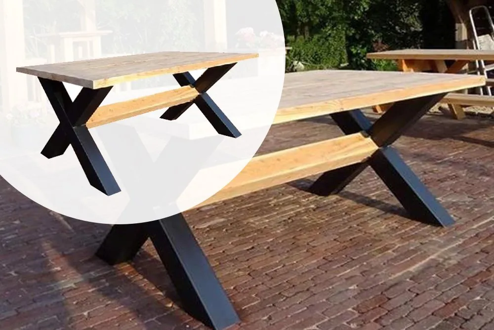 Meest Verkocht Kruispoot Tafel Metalen onderstel en Douglas tafelblad in 4 maten - 220 cm