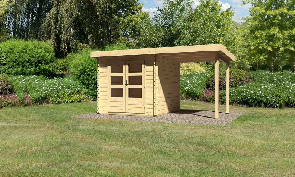 Blokhut Bastrup 2 met overkapping Karibu 455x273x217cm Wanddikte 28mm Voordeelprijs