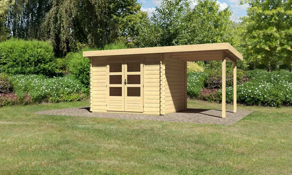 Direct Verzonden Blokhut Bastrup 3 met overkapping Karibu 514x273x217cm Wanddikte 28mm