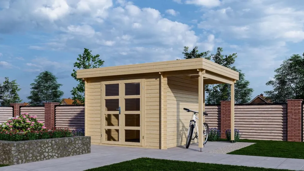 Koopje Blokhut 331M Interflex met overkapping 410x300x230cm Wanddikte 28 mm