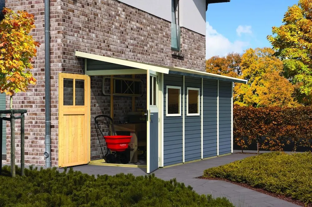 Snelle Levering Wandaanbouw Wandlitz 4 Terragrijs Karibu 181x355x230cm Wanddikte 19mm