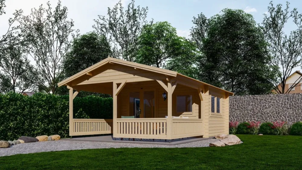 Betrouwbaar Blokhut 4x3+3 Interflex 440x645x265cm met Veranda 300 cm Wanddikte 50 mm