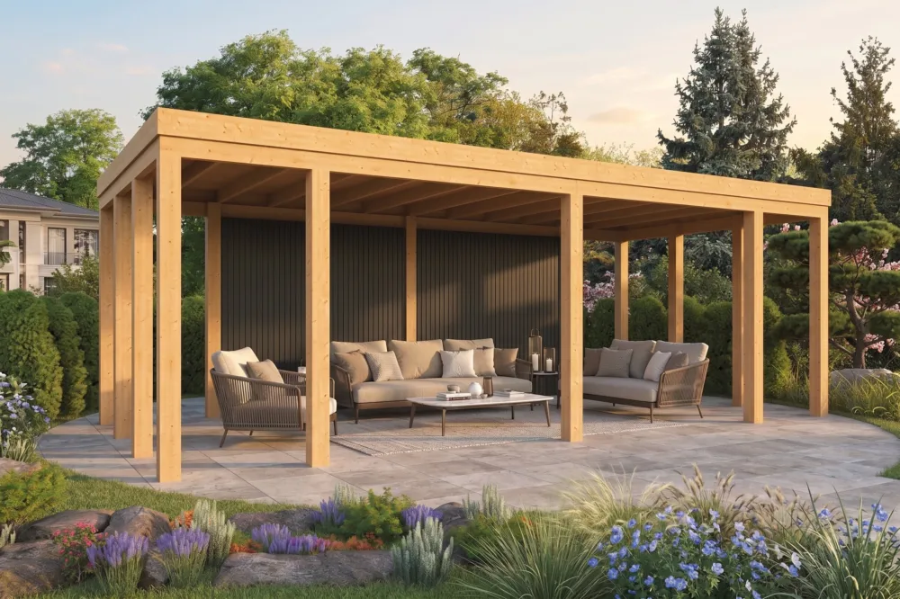 Doe het zelf overkapping Krono Douglas Glad Geschaafd 750x355cm DHZ plat dak met zwarte wanden Veilige Betaling