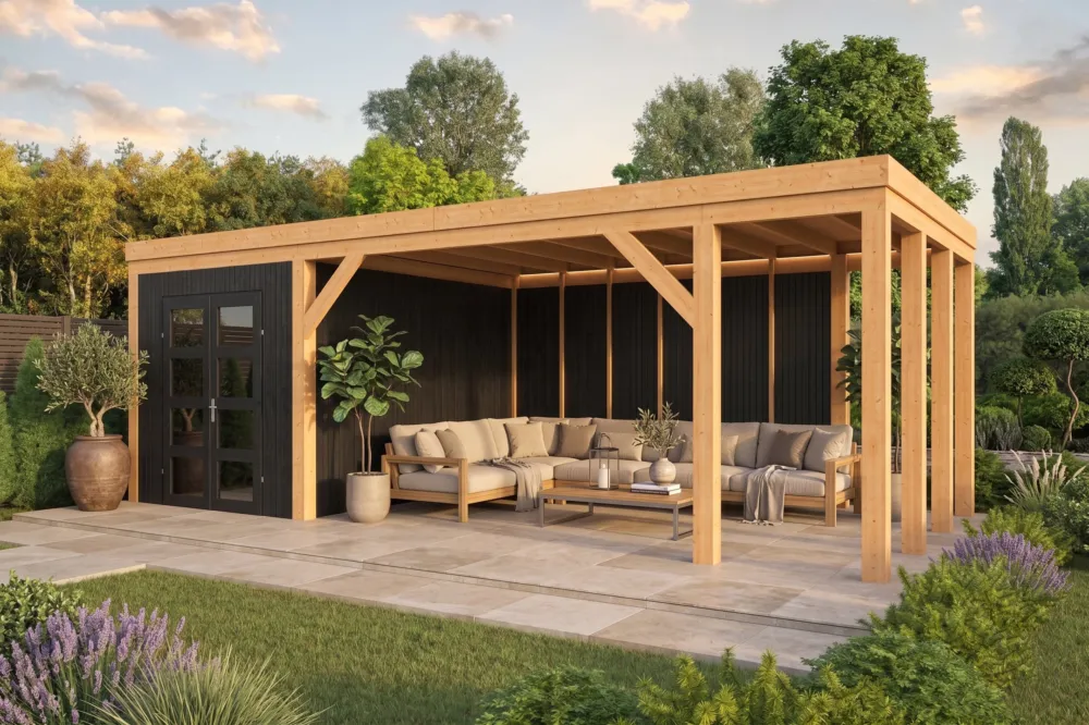 Meest Verkocht Doe het zelf overkapping Valora Douglas Glad Geschaafd 750x355cm DHZ plat dak met zwarte wanden