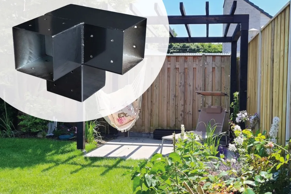 Pergola Paalverbinder 3-wegs hoek Zwart Gepoedercoat voor 12x12cm palen incl. bevestigingsset Laatste Kans