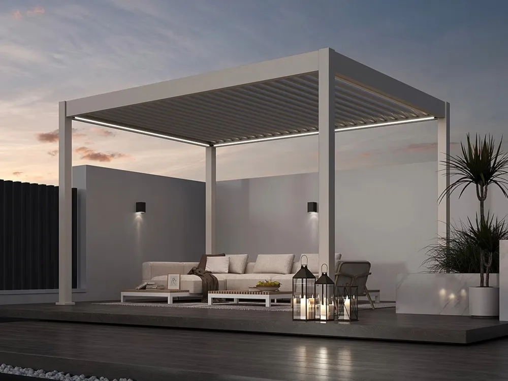 Rechtstreeks Van De Fabrikant Aluminium Terrasoverkapping Deluxe Vrijstaand Elektrisch + LED 300 x 400 cm Kiezelgrijs