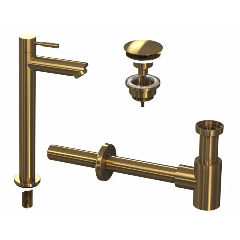 Koopje Fonteinkraanset INK Hoog Model Inclusief Waste en Design Sifon Brushed Mat Goud