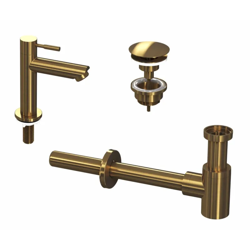 Nu Kopen Fonteinkraanset INK Laag Model Inclusief Waste en Design Sifon Brushed Mat Goud