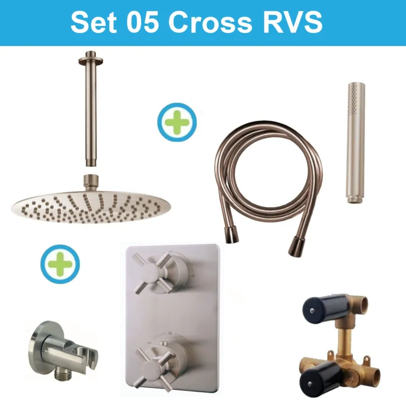 Wiesbaden Inbouw Regendouche Set 05 Cross Plafonduitloop RVS Snelle Levering