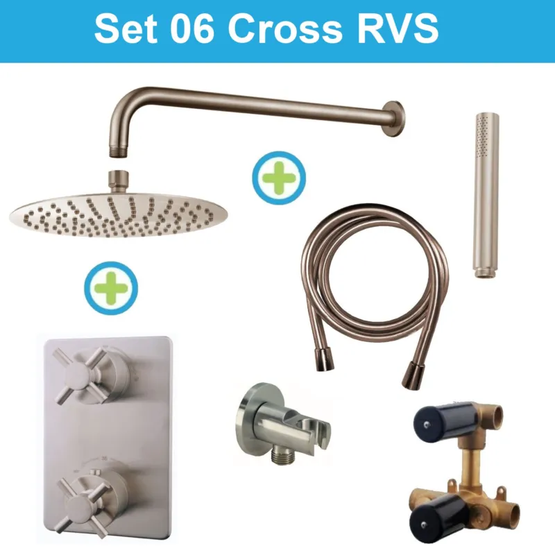 Wiesbaden Inbouw Regendouche Set 06 Cross Muuruitloop RVS Exclusieve Aanbieding