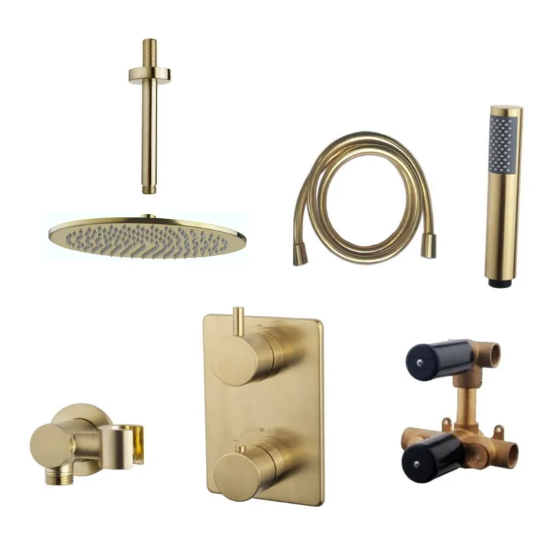 Direct Beschikbaar Thermostatisch Inbouwdoucheset Aqua Splash Plafonduitloop Rond 30 cm Geborsteld Messing Goud
