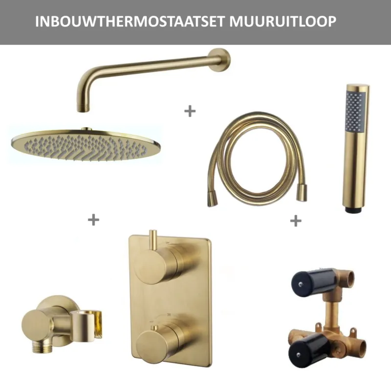 Aanbieding Thermostatisch Inbouwdoucheset Aqua Splash Muuruitloop Rond 30 cm Geborsteld Messing Goud