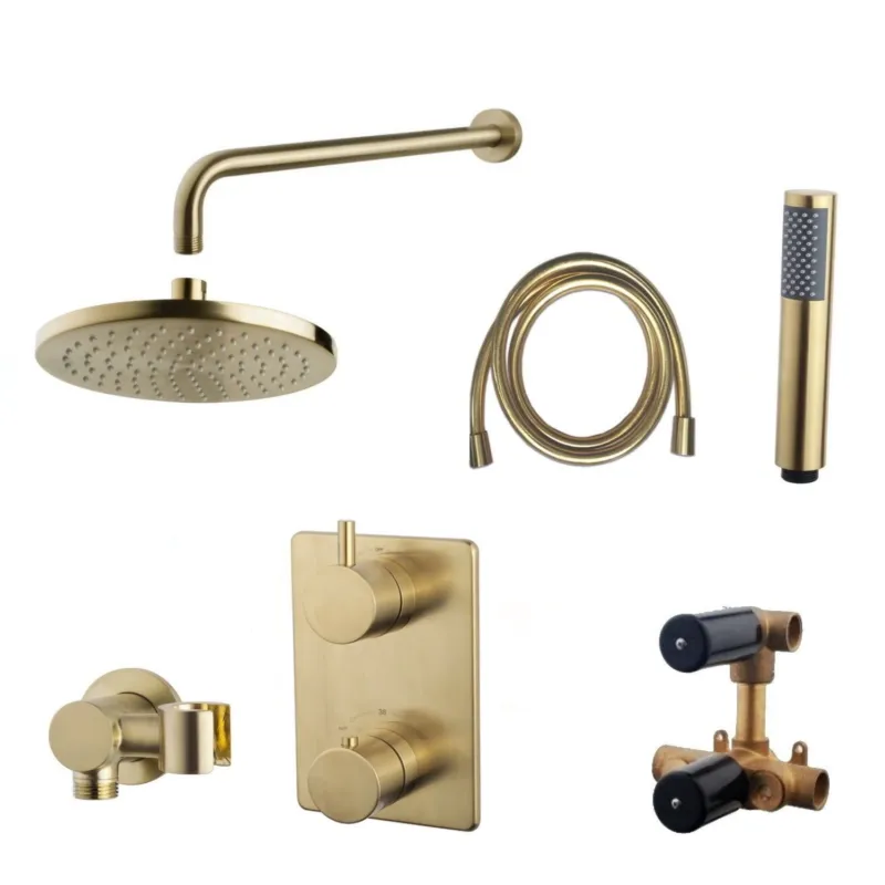 Hete Deal Thermostatisch Inbouwdoucheset Aqua Splash Muuruitloop Rond 20 cm Geborsteld Messing Goud