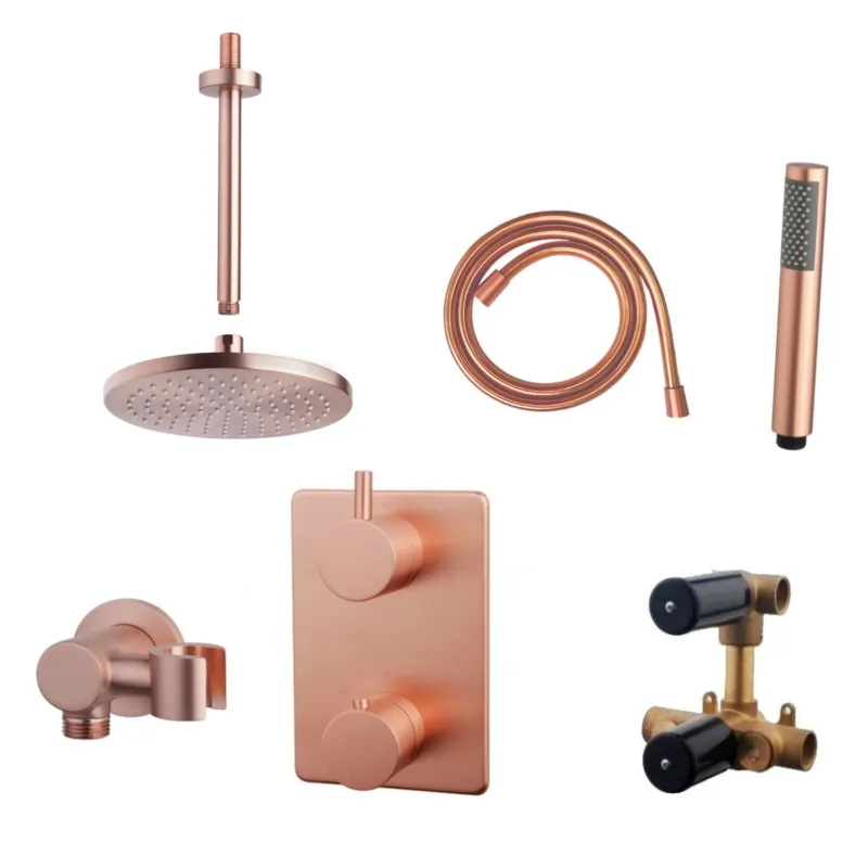 Meest Verkocht Thermostatisch Inbouwdoucheset Aqua Splash Plafonduitloop Rond 20 cm Geborsteld Koper