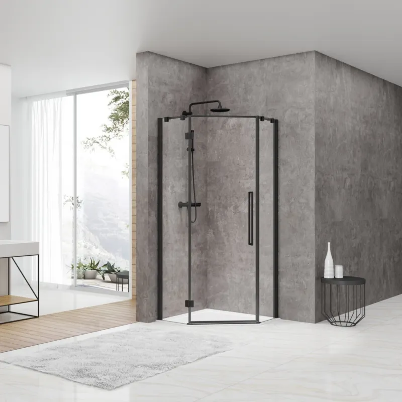 Douchecabine Van Rijn ST05 Vijfhoek Met Standaard Deur 90x200 cm 8 mm Helder Glas Zwart Uitverkoop