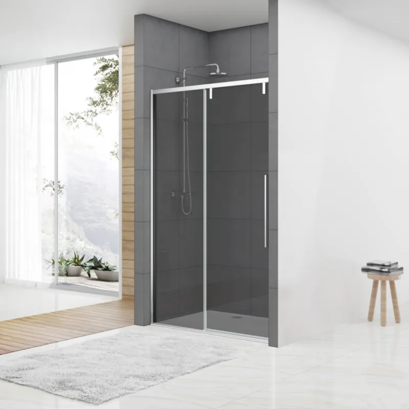 Nisdeur Van Rijn ST06 Schuifdeur Met Vaste Wand Rookglas 180x200 cm 8 mm Soft Close Chroom Gecertificeerd