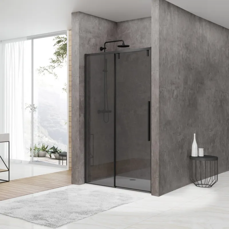 Betaalbaar Nisdeur Van Rijn ST06 Schuifdeur Met Vaste Wand Rookglas 120x200 cm 8 mm Soft Close Zwart