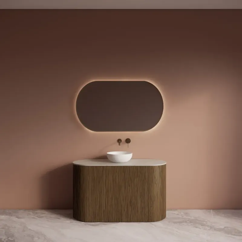 Gliss Design Divino badkamermeubel met ribbelfront 100cm castle brown met wit marmer toppaneel Laatste Kans