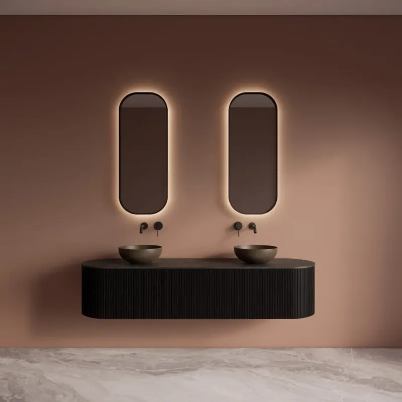 Beperkte Voorraad Gliss Design Zafiro badkamermeubel met ribbelfront 160cm black veneer met zwart leisteen toppaneel