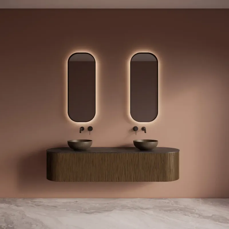Aanbieding Gliss Design Zafiro badkamermeubel met ribbelfront 180cm castle brown met zwart leisteen toppaneel