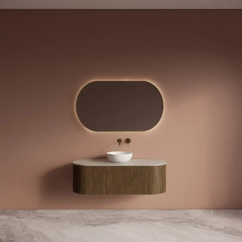 Flitsaanbieding Gliss Design Zafiro badkamermeubel met ribbelfront 120cm castle brown met wit marmer toppaneel