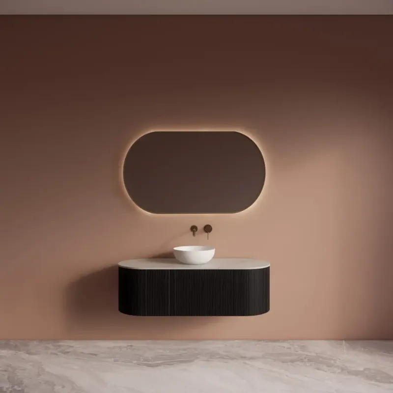 Beste Prijs Gliss Design Zafiro badkamermeubel met ribbelfront 140cm black veneer met wit marmer toppaneel