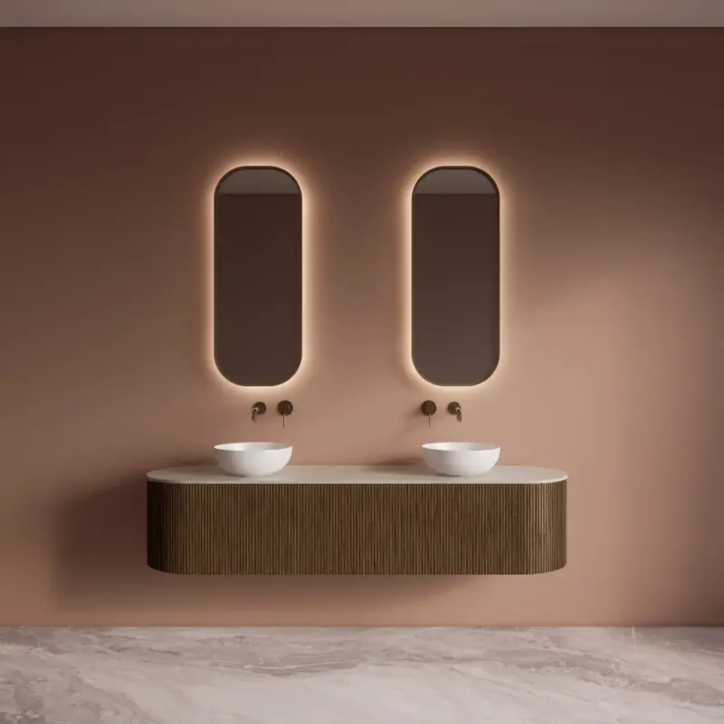 Gliss Design Zafiro badkamermeubel met ribbelfront 180cm castle brown met wit marmer toppaneel Flitsaanbieding