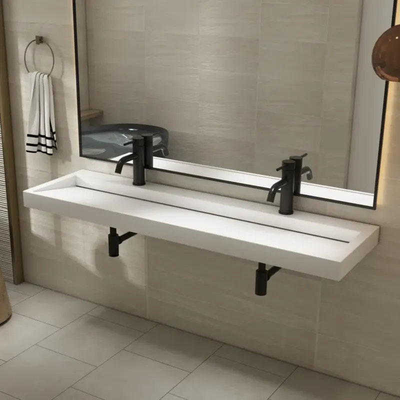 Beperkte Voorraad SHOWMODEL Saniclear Hoya solid surface wastafel 160x45,5cm met 2 kraangaten mat wit