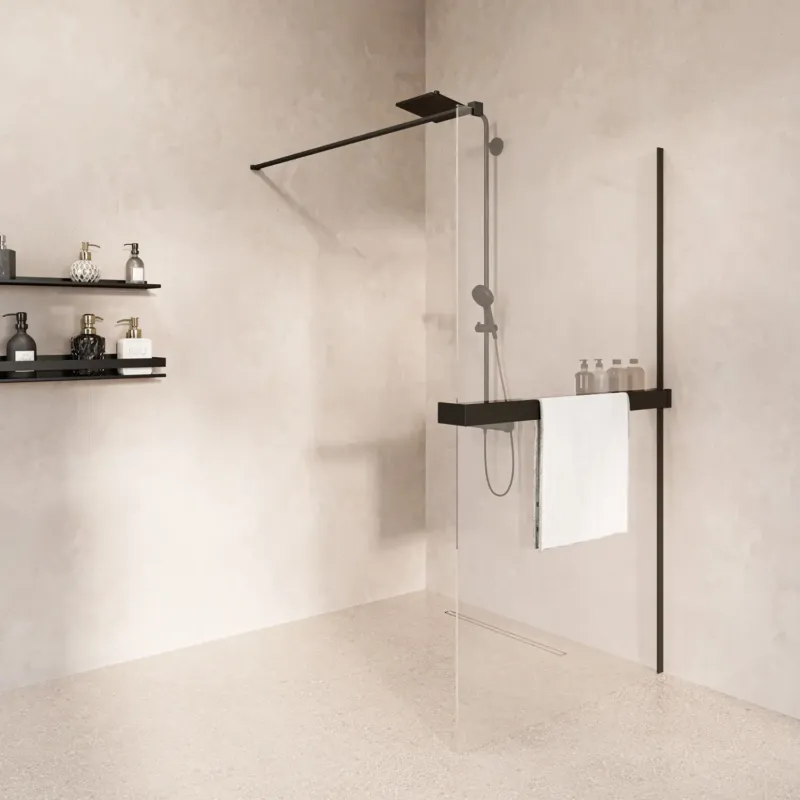 Saniclear Metric inloopdouche 80cm met handdoekhouder en helder glas zwart mat Gecertificeerd