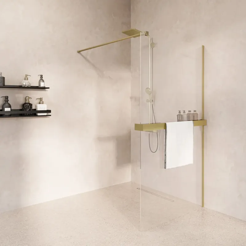 Laatste Kans Saniclear Metric inloopdouche 100cm met handdoekhouder en helder glas geborsteld messing - mat goud