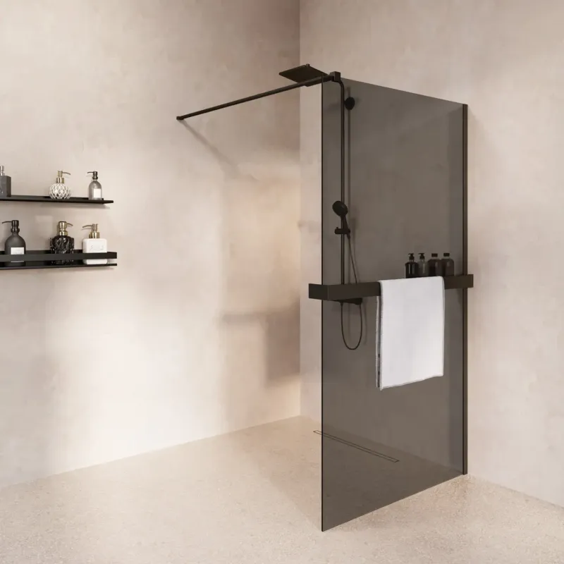 Saniclear Metric inloopdouche 120cm met handdoekhouder en rookglas zwart mat Superprijs