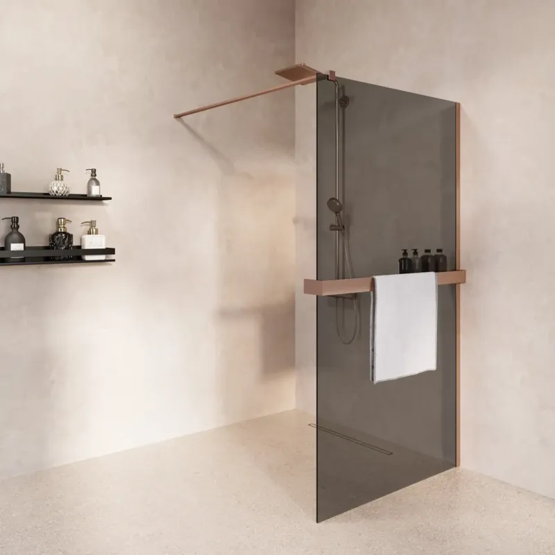Saniclear Metric inloopdouche 80cm met handdoekhouder en rookglas geborsteld koper Beperkte Voorraad