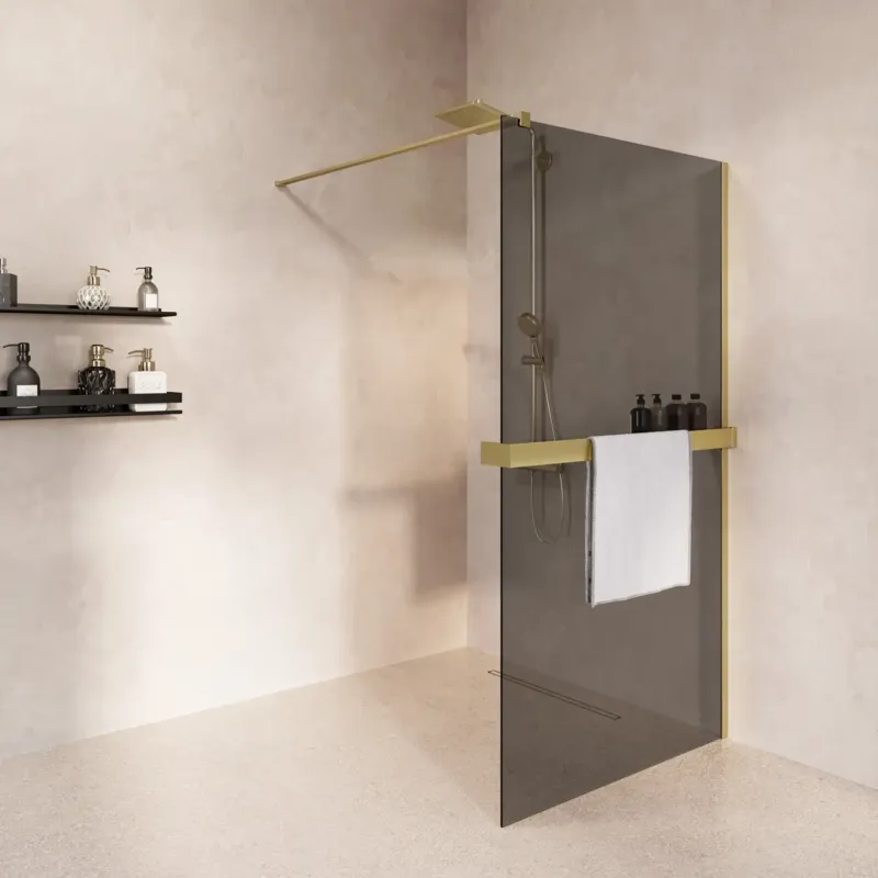 Actieprijs Saniclear Metric inloopdouche 120cm met handdoekhouder en rookglas geborsteld messing - mat goud