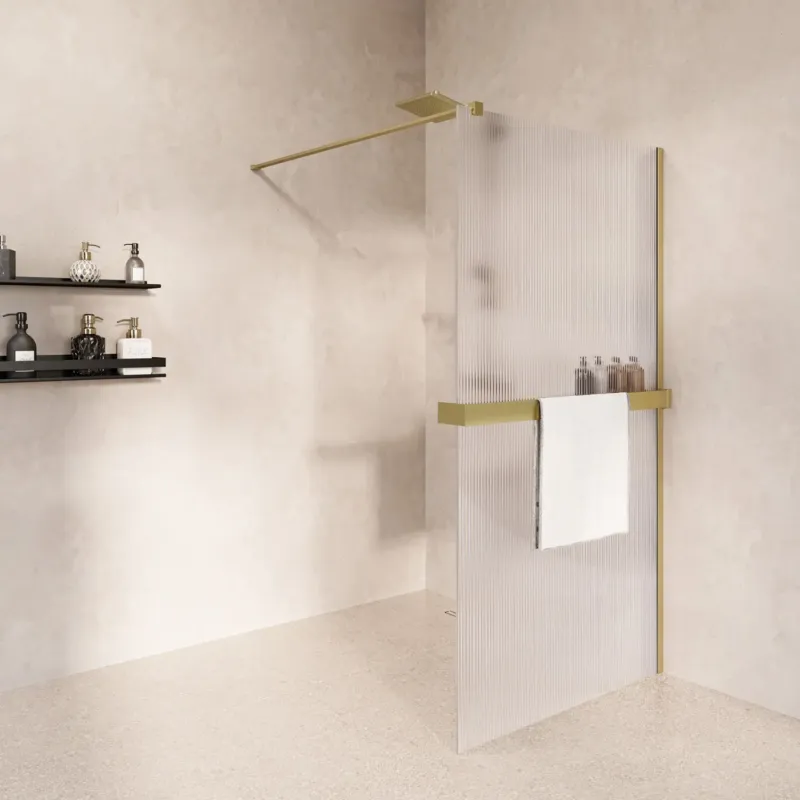 Saniclear Metric inloopdouche 90cm met handdoekhouder en ribbelglas geborsteld messing - mat goud Koop Vandaag