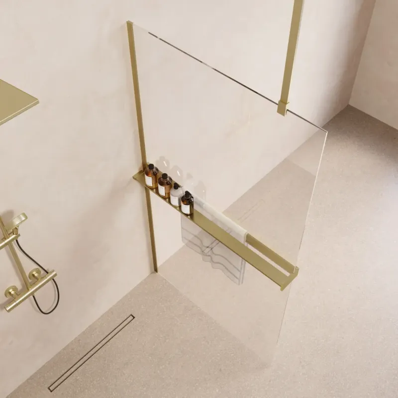 Superprijs Saniclear Bright inloopdouche 90cm met handdoekhouder en helder glas geborsteld messing - mat goud