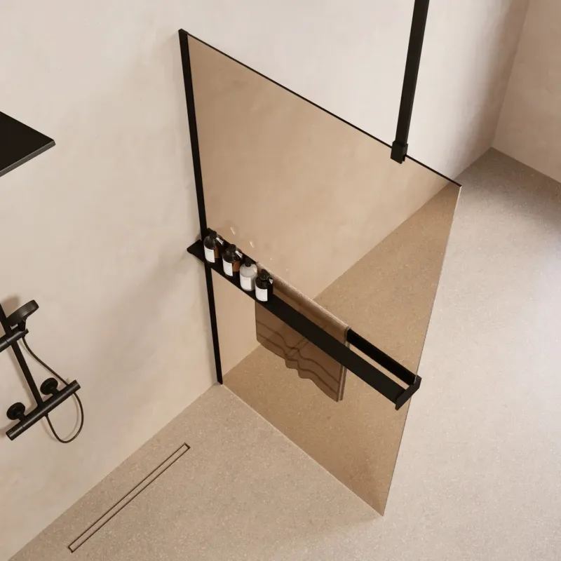 Korting Saniclear Bright inloopdouche 90cm met handdoekhouder en bronsglas zwart mat