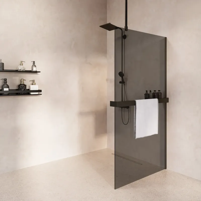 Saniclear Bright inloopdouche 80cm met handdoekhouder en rookglas zwart mat Speciale Aanbieding