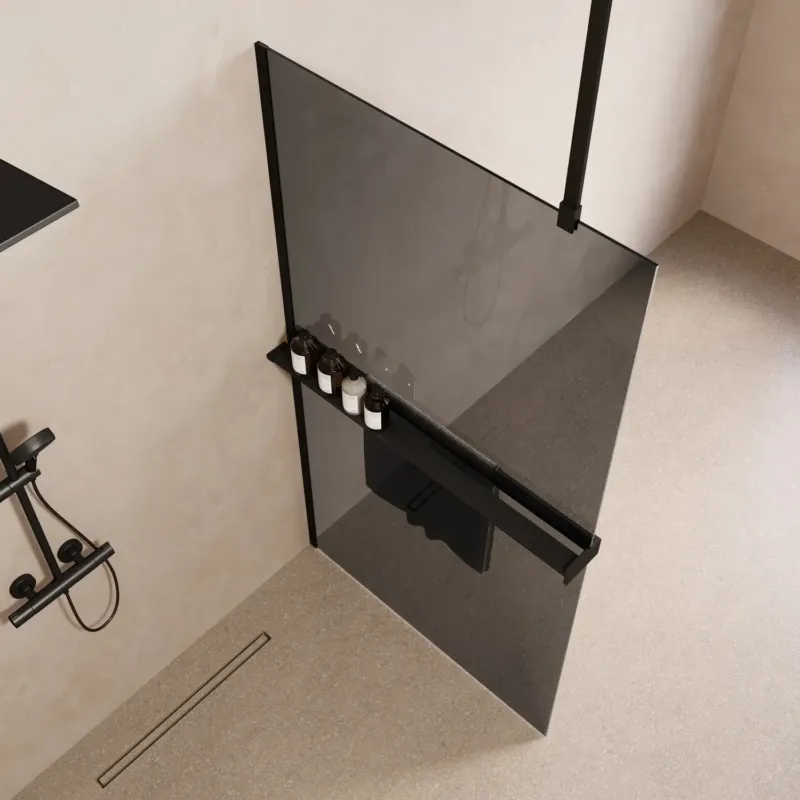 Rechtstreeks Van De Fabrikant Saniclear Bright inloopdouche 90cm met handdoekhouder en rookglas zwart mat