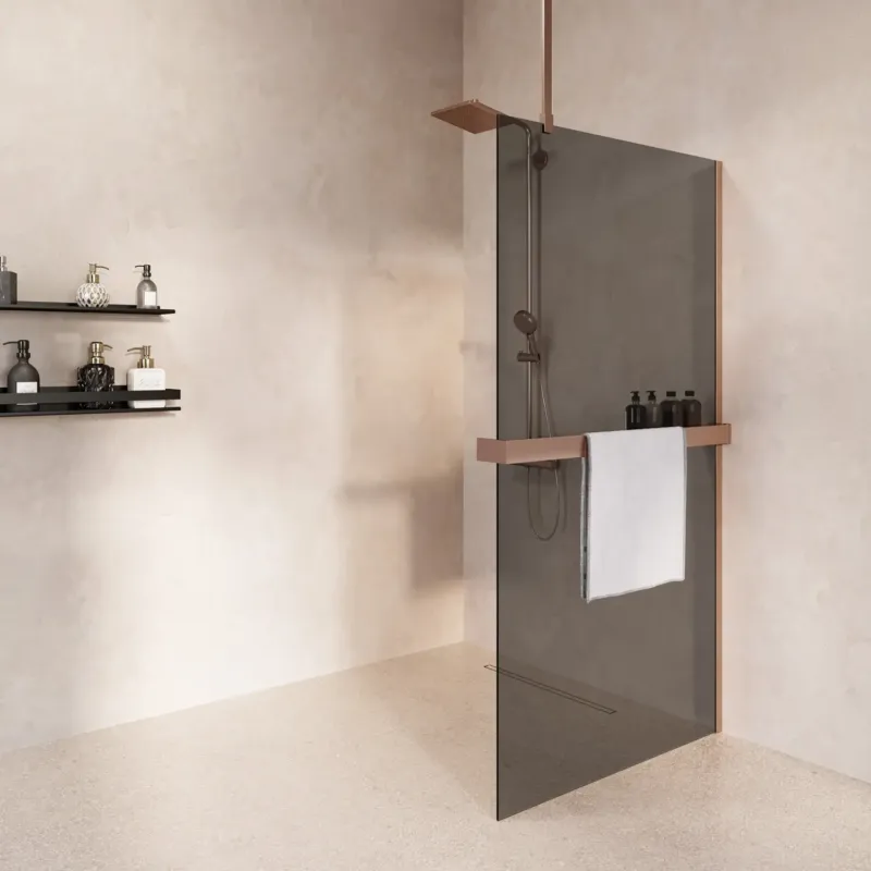 Superprijs Saniclear Bright inloopdouche 80cm met handdoekhouder en rookglas geborsteld koper