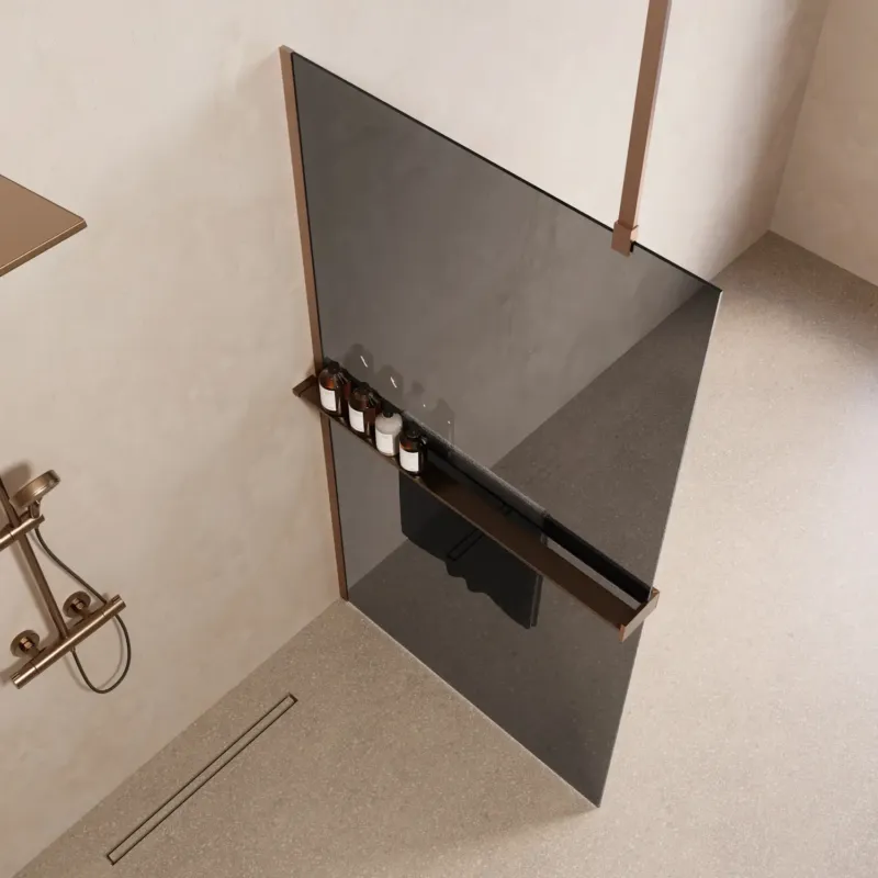 Flitsaanbieding Saniclear Bright inloopdouche 110cm met handdoekhouder en rookglas geborsteld koper