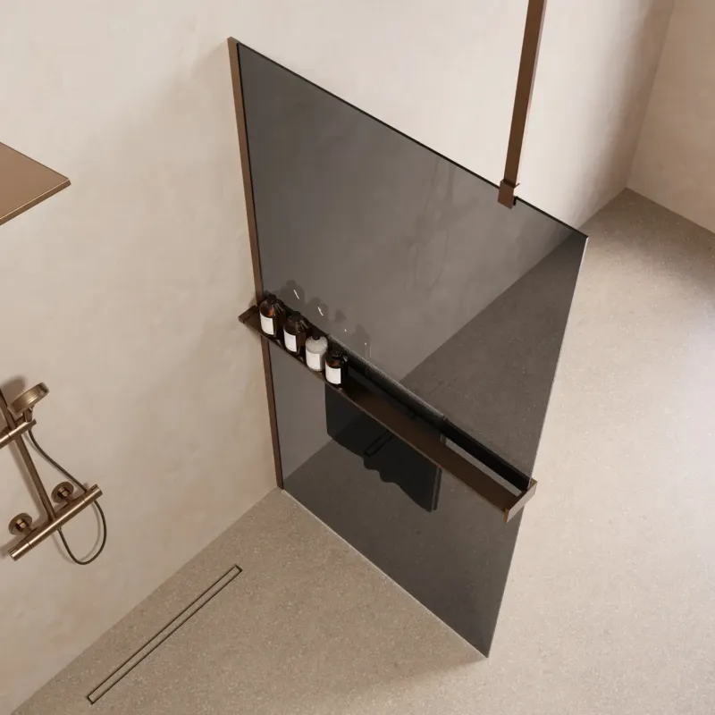 Aanbieding Saniclear Bright inloopdouche 80cm met handdoekhouder en rookglas verouderd messing