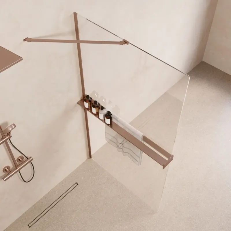 Express Levering Saniclear Oblique inloopdouche 90cm met handdoekhouder en helder glas geborsteld koper