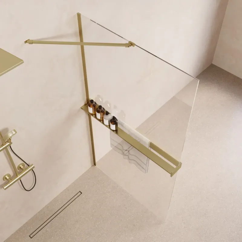 Saniclear Oblique inloopdouche 120cm met handdoekhouder en helder glas geborsteld messing - mat goud Betaalbaar