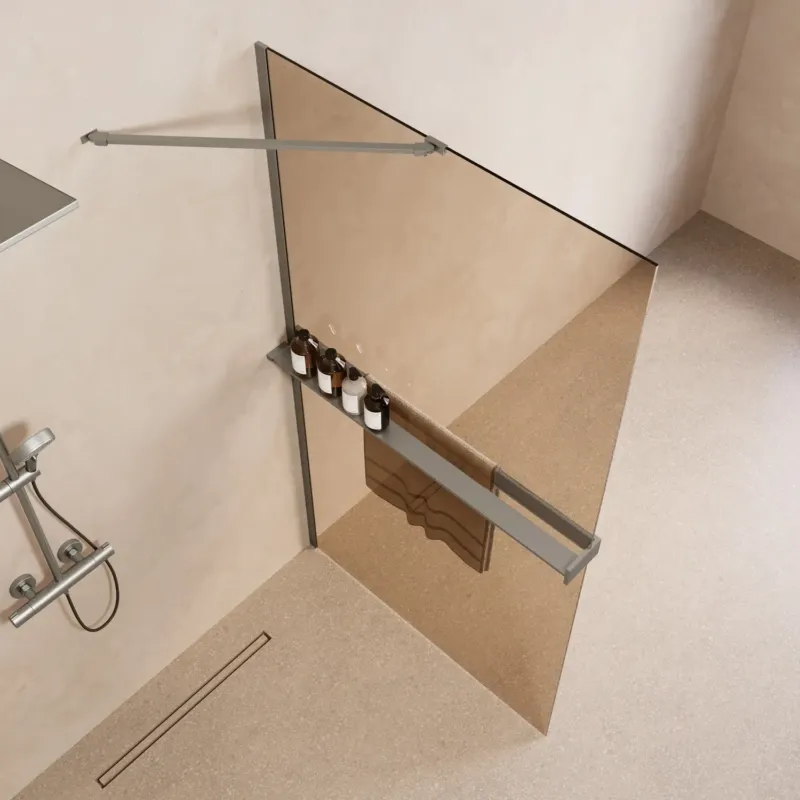 Beperkt Aanbod Saniclear Oblique inloopdouche 90cm met handdoekhouder en bronsglas RVS